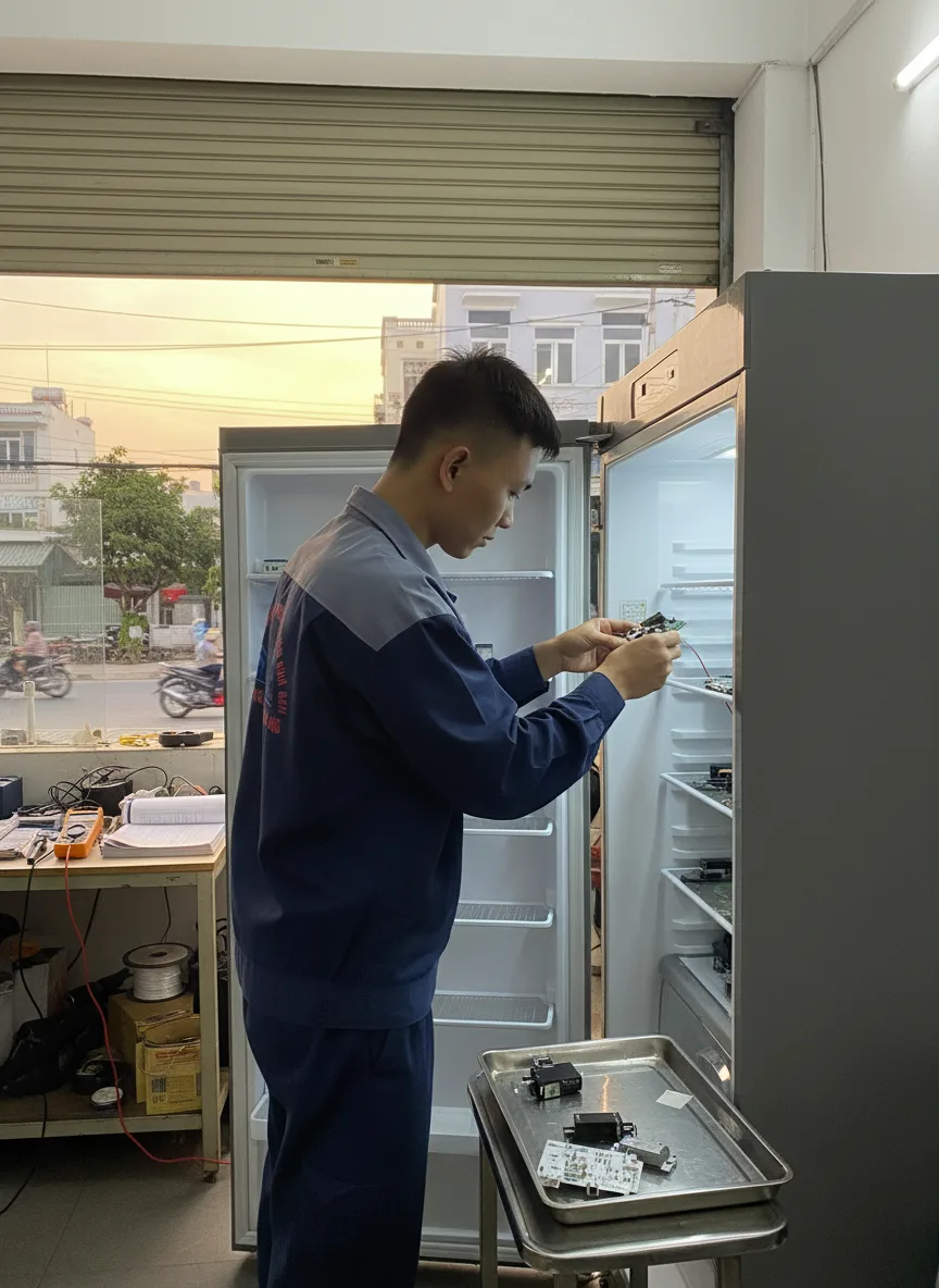 Thanh niên kỹ thuật viên đứng cạnh tủ lạnh mở, tháo board ra trên khay, máy đo và linh kiện thay thế đặt cạnh; cửa xưởng hé mở phía sau thấy đường phố Đà Nẵng lúc hoàng hôn, ánh sá