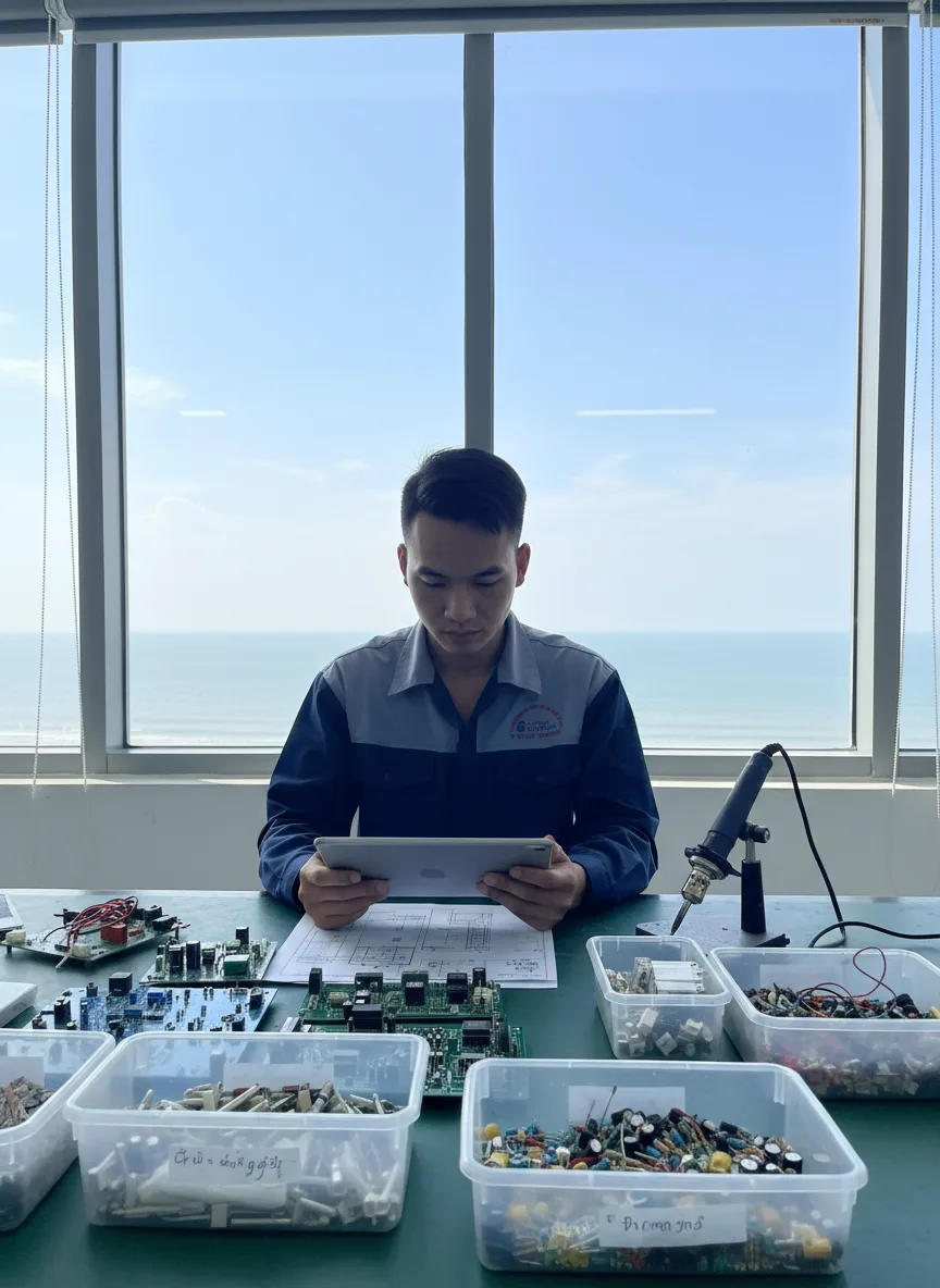 Phong cảnh workshop ban ngày: kỹ thuật viên trẻ kiểm tra sơ đồ trên máy tính bảng, trên bàn nhiều board điện tử, hộp đựng linh kiện có ghi chú, cửa sổ lớn nhìn thấy biển xa; ánh sá