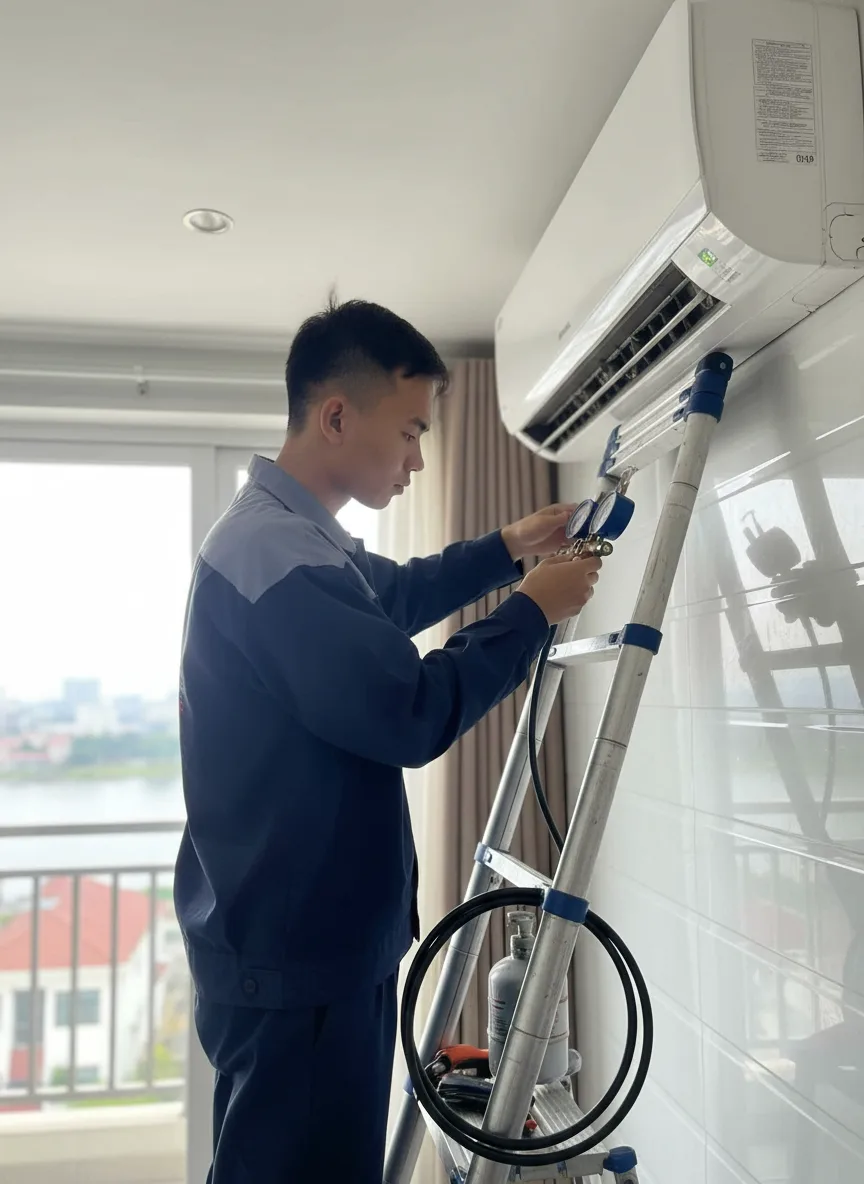 Nam người châu Á, trẻ trung mặc đồng phục kỹ thuật, đang sửa dàn lạnh điều hòa treo tường trong phòng khách căn hộ Đà Nẵng ban ngày; background cửa sổ nhìn thấy cầu sông Hàn mờ; dụ