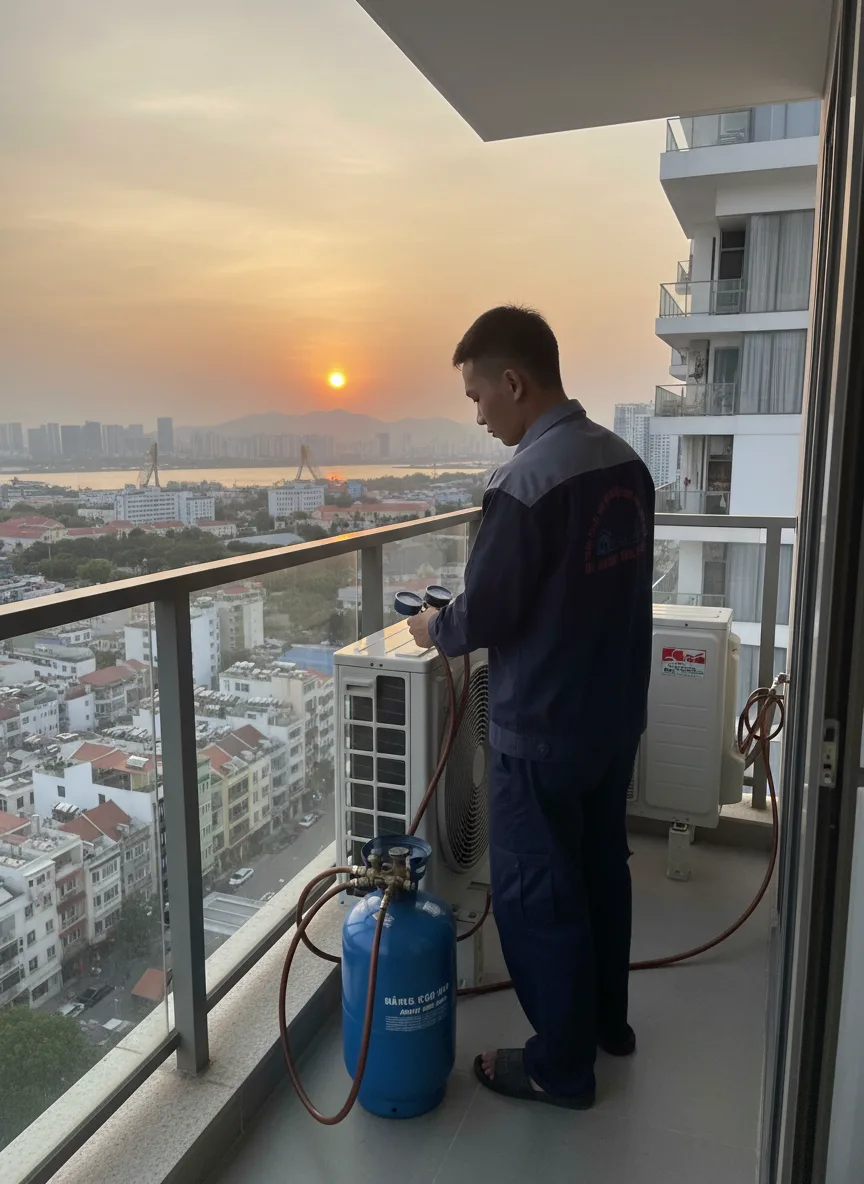 Nam người châu Á, trẻ trung kiểm tra đồng hồ đo áp suất khi nạp gas cho cục nóng ngoài ban công chung cư; khung cảnh thành phố Đà Nẵng vào buổi chiều; máy nén, bình gas, van và dây