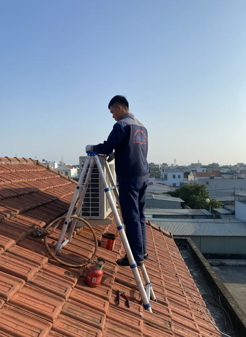 Nam người châu Á, trẻ trung trên thang sửa chữa cục nóng trên mái nhà phố Đà Nẵng buổi sáng sớm; nền bầu trời xanh, mái ngói và đường phố phía sau; bộ đồ bảo hộ, găng tay, kìm, ống