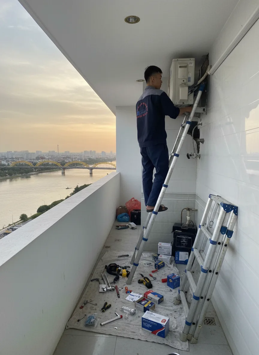 Kỹ thuật viên trẻ người Việt đứng trên thang sửa dàn nóng trên ban công tầng cao, hậu cảnh sông Hàn và cầu Rồng mờ nhẹ, hoàng hôn vàng ấm, ánh sáng ngả nghiêng, máy ảnh góc rộng từ