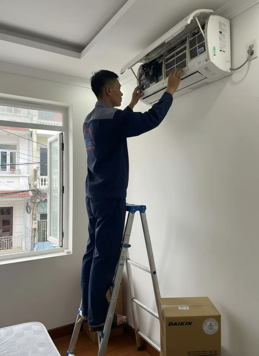 Cảnh trong phòng ngủ khách hàng tại Đà Nẵng, nam thợ trẻ mở nắp điều hòa treo tường thay quạt mới, ánh sáng đèn trần dịu, cửa sổ hé mở thấy phố nhỏ ngoài trời, góc chụp 3/4 cho thấ