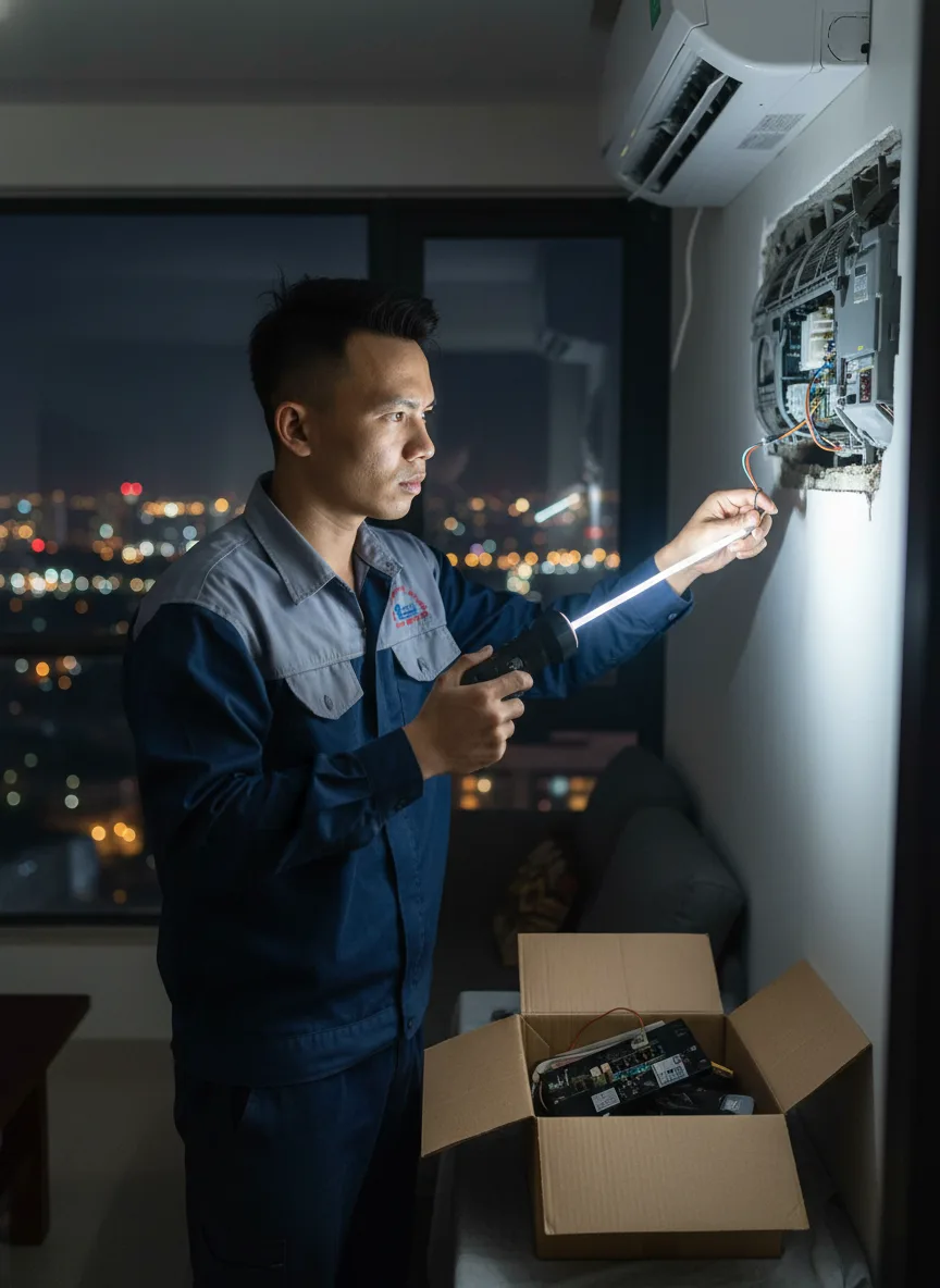 Đêm muộn trong phòng khách, kỹ thuật viên trẻ dùng đèn cầm tay soi dàn lạnh điều hòa, ánh sáng lạnh từ đèn led tương phản với bóng tối xung quanh, ngoài cửa kính thấy ánh đèn thành