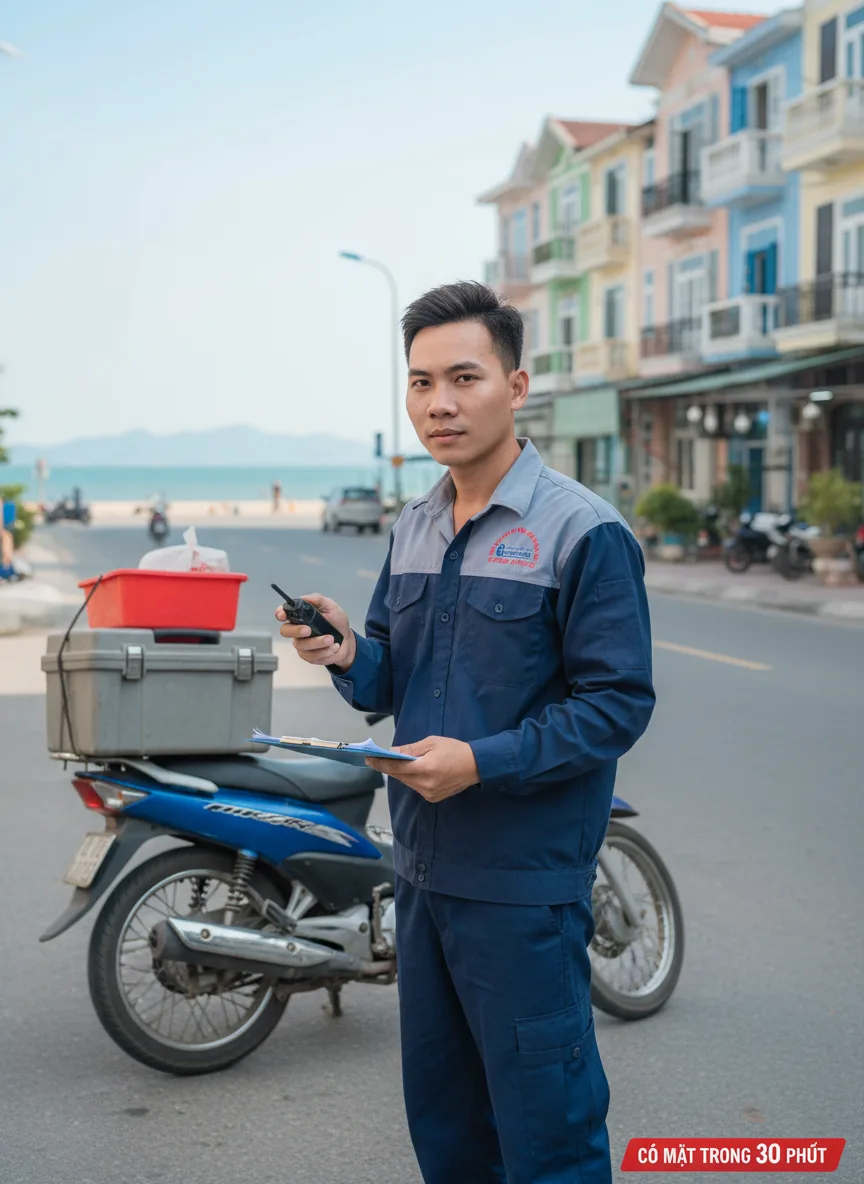 Nhân viên kỹ thuật trẻ người Việt đứng trước cửa nhà phố ở quận Hải Châu, xe máy chở thùng đồ nghề phía sau, anh cầm bộ điều khiển và bản kiểm tra, ban ngày nắng nhẹ, ánh sáng tự n