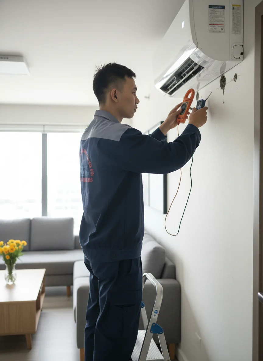 Trong phòng khách căn hộ hiện đại, nam thợ sửa điều hòa Việt Nam đang dùng đồng hồ đo điện trước dàn lạnh treo tường, ánh sáng ban ngày từ cửa sổ lớn chiếu vào, góc chụp cận cảnh 3