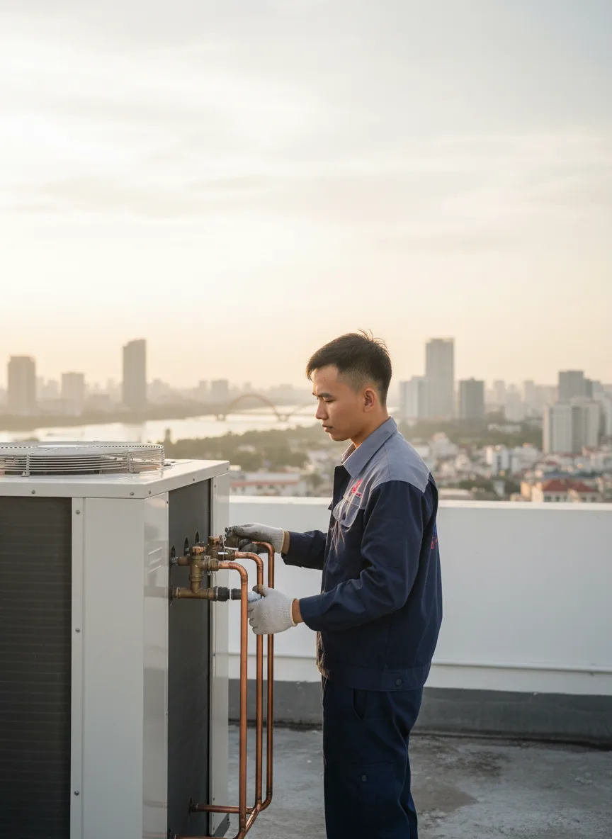 Sân thượng toà nhà văn phòng cạnh trung tâm Hải Châu, nhân viên kỹ thuật trẻ người Việt kiểm tra ống đồng của hệ thống điều hòa lớn, nền là Skyline Đà Nẵng ban chiều, ánh sáng dịu,