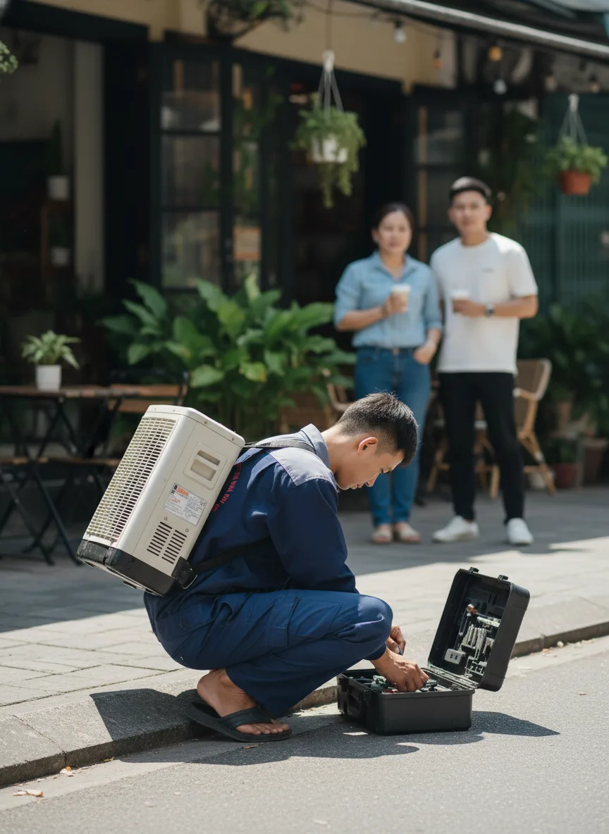 Người thợ Việt trẻ mở nắp thùng dụng cụ bên lề đường trước quán cà phê ven đường ở Hải Châu, đồng phục sạch, máy lạnh di động trên vai, trời sáng, ánh sáng mạnh, góc chụp từ thấp t