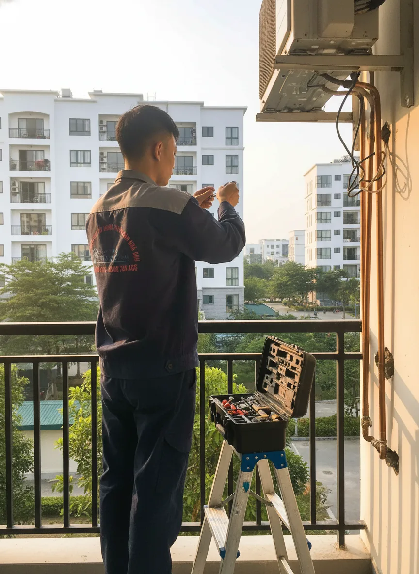 Nam thanh niên kỹ thuật viên Việt Nam đang sửa máy điều hòa treo tường trên ban công căn hộ ở Hoà Xuân, Đà Nẵng; hộp dụng cụ mở, ống đồng, cầu thang nhỏ, tòa nhà và cây xanh phía s