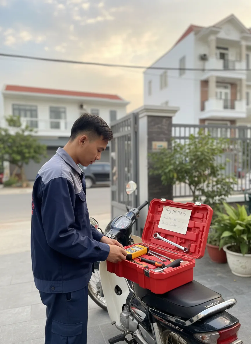 Thợ sửa điều hòa nam trẻ đứng cạnh xe máy chở thùng dụng cụ trước cổng nhà phố ở Hoà Xuân, bảng giá nhỏ dán trên nắp thùng; trời chiều mây nhẹ, ánh sáng ấm, tiêu cự trung, lấy nét