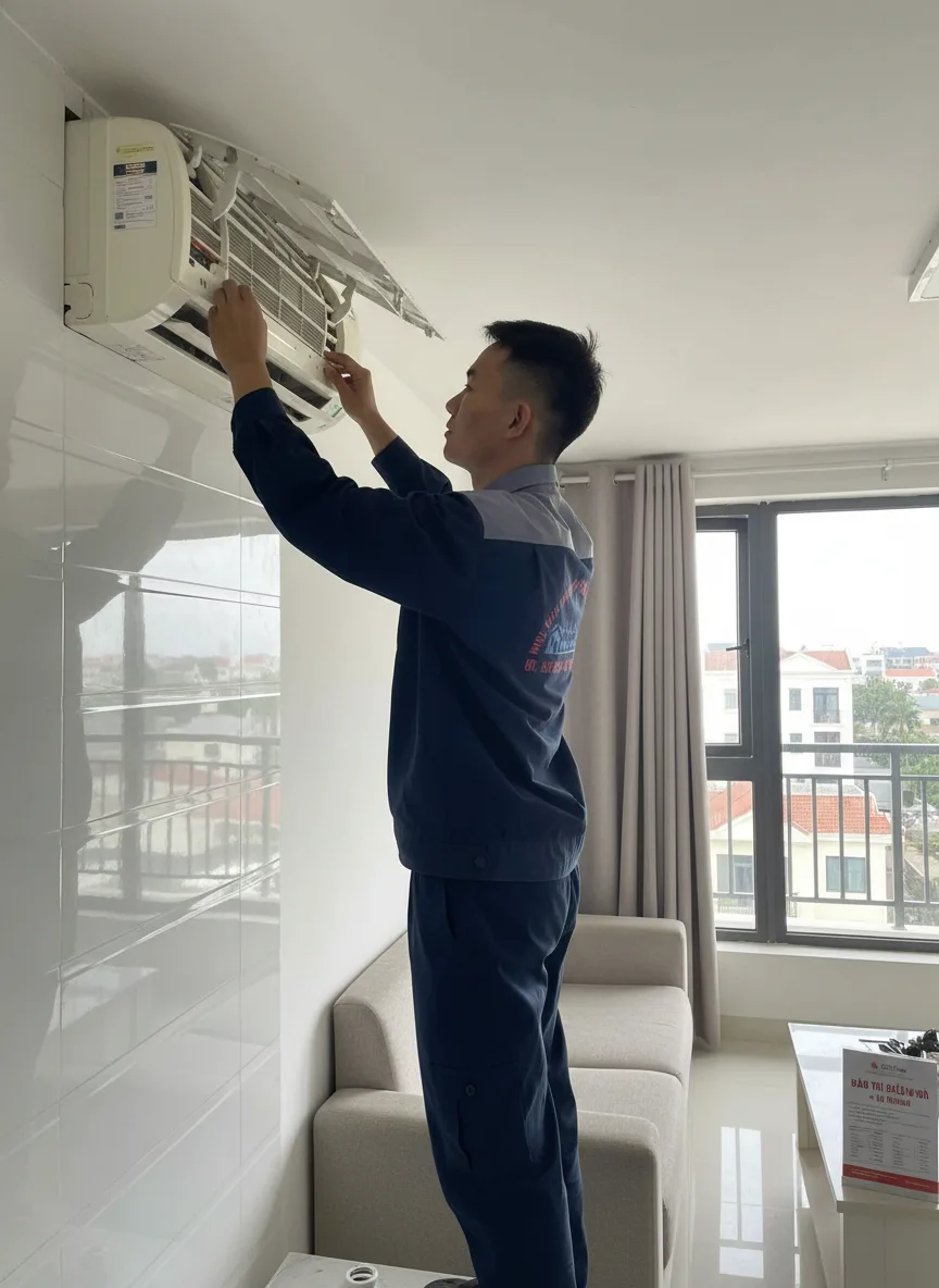 Khung cảnh dịch vụ bảo trì điều hòa tại chung cư Hoà Xuân: nam thợ đang thay lọc gió cho máy treo tường trong phòng khách, nội thất đơn giản, cửa sổ mở nhìn ra khu dân cư; ánh sáng