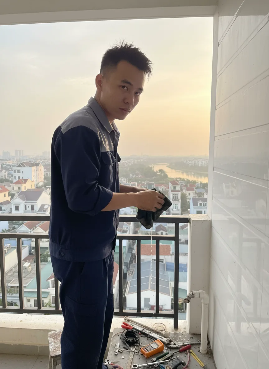 Thợ trẻ người Việt kiểm tra dàn nóng ngoài ban công nhìn ra dãy nhà Liên Chiểu và sông Hàn xa xa, bình minh nhẹ chiếu, ống nước nhỏ đang rỉ nước, anh lau tay bằng khăn, máy ảnh chụ