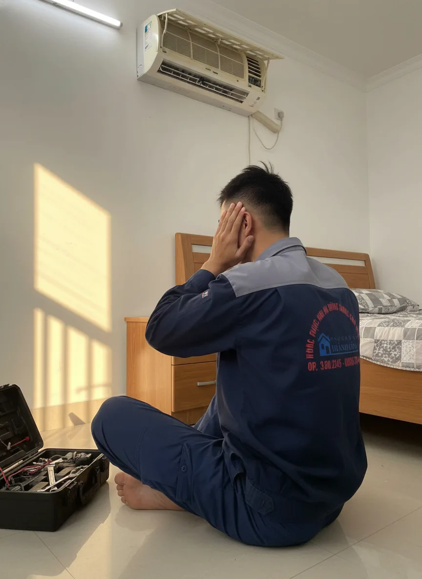Nam kỹ thuật viên người Việt ngồi trong phòng ngủ vặn ốc dàn lạnh mở nắp, ánh đèn vàng buổi chiều, trên giường có hộp công cụ, tiếng động cơ lớn làm anh che tai, bố cục chụp từ góc