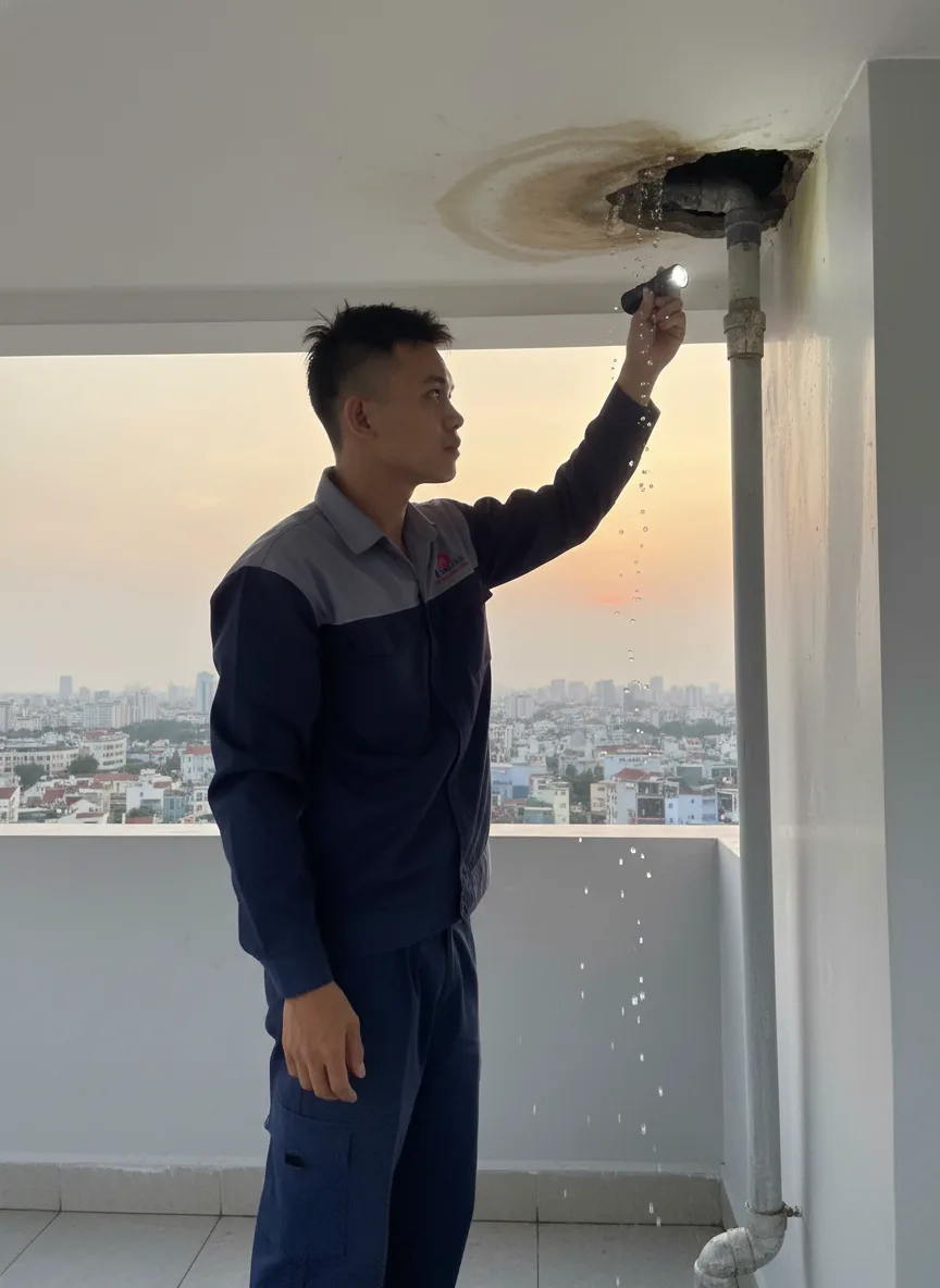 Kỹ thuật viên trẻ Việt Nam kiểm tra ống thoát nước ở sân thượng tòa nhà Liên Chiểu lúc hoàng hôn, có cảnh thành phố mờ nền, anh nghiêng người nhìn vào vết ẩm ướt trên trần, ánh sán