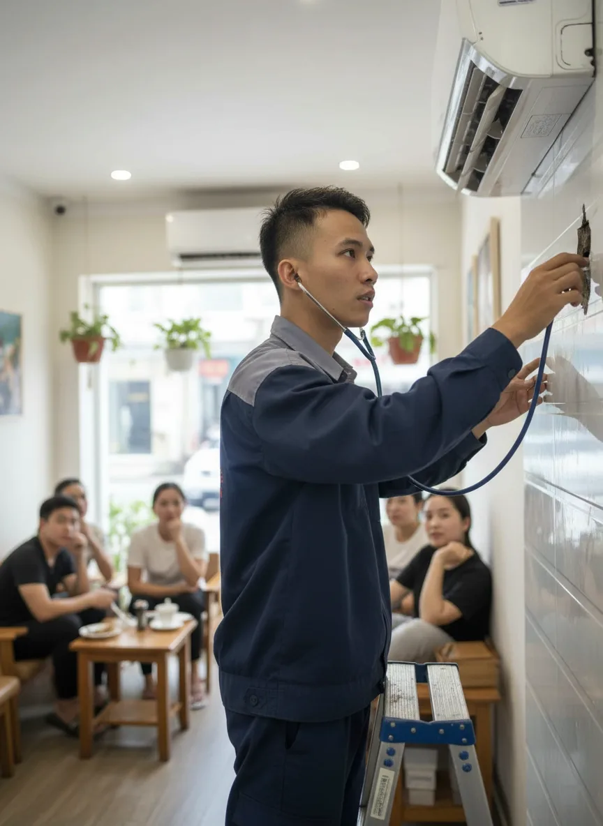 Nam thợ sửa điều hòa người Việt đứng cạnh chiếc điều hòa treo tường trong quán cà phê nhỏ ở Đà Nẵng ban ngày, khách ngồi xa nhìn thắc mắc, anh dùng ống nghe kỹ thuật lắng nghe tiến