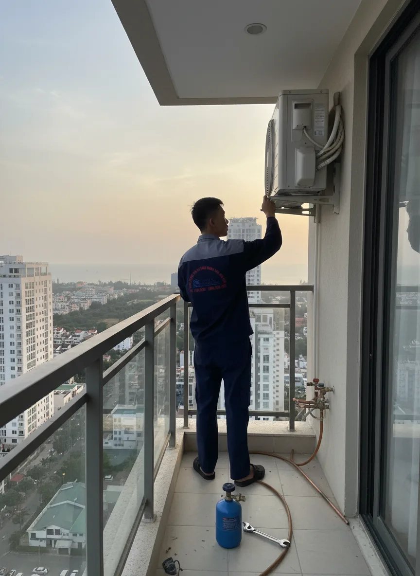 Nam thợ sửa điều hòa đang kiểm tra dàn nóng trên ban công chung cư ở Ngũ Hành Sơn, Đà Nẵng; bình gas nhỏ, cờ lê, ống dẫn, cảnh biển xa mờ nền; hoàng hôn vàng dịu, ánh sáng ngang, g