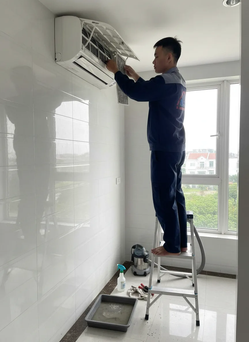 Cảnh tại nhà phố ở Ngũ Hành Sơn, Đà Nẵng: thanh niên kỹ thuật viên mở nắp điều hòa treo tường để vệ sinh, máy hút bụi cầm tay, khay nước bẩn trên sàn; buổi sáng nhiều sáng tự nhiên