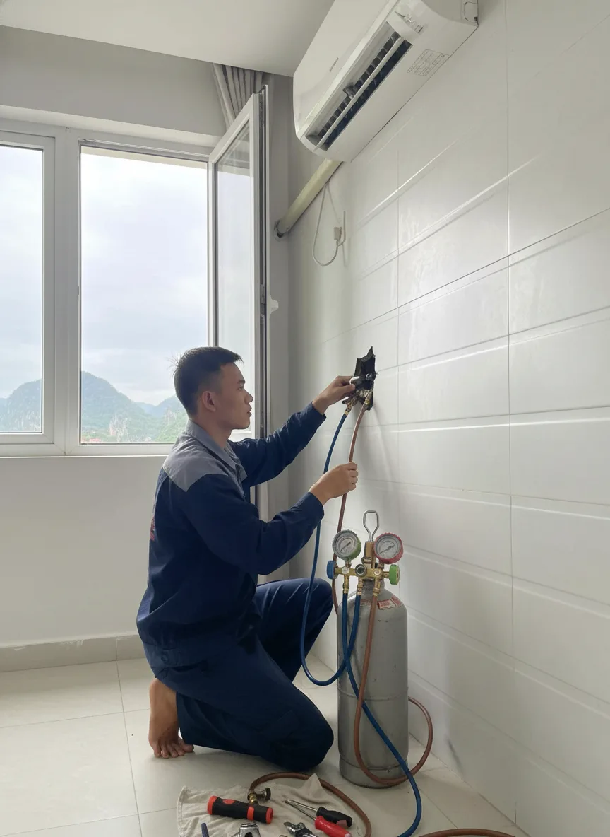 Chỉnh van nạp gas cho máy lạnh trong phòng ngủ căn hộ ở Ngũ Hành Sơn, Đà Nẵng: nam thợ quỳ, bình gas cạnh chân, ống áp suất rõ ràng, cửa sổ mở nhìn ra núi non; sáng sớm mát mẻ, ánh