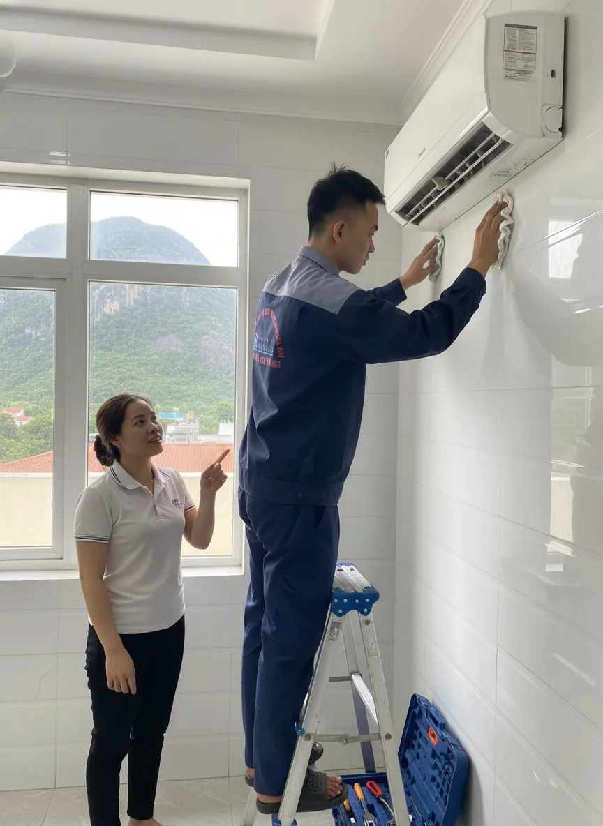 Sửa điều hòa tại nhà khách hàng tầng trệt gần Ngũ Hành Sơn, Đà Nẵng: thợ nam lau khô dàn lạnh sau khi vệ sinh, khăn sạch, hộp dụng cụ mở cạnh, ánh sáng trong nhà dịu, góc chụp ngan