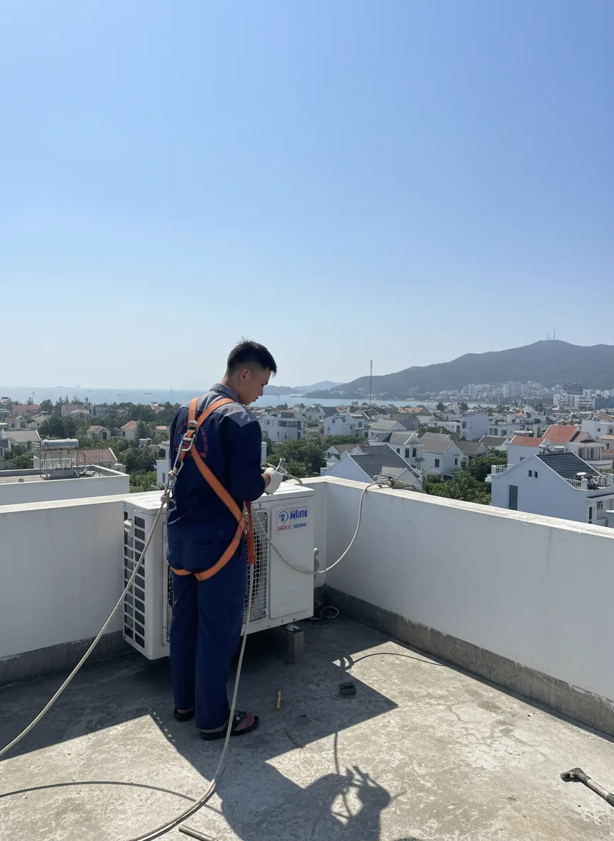 Toàn cảnh kỹ thuật viên trẻ Việt Nam trên mái nhà chung cư ở Sơn Trà, đang tháo dỡ dàn nóng điều hoà, xung quanh là ngôi nhà, dãy núi và biển, trời trong xanh giữa trưa, bóng đổ sắ