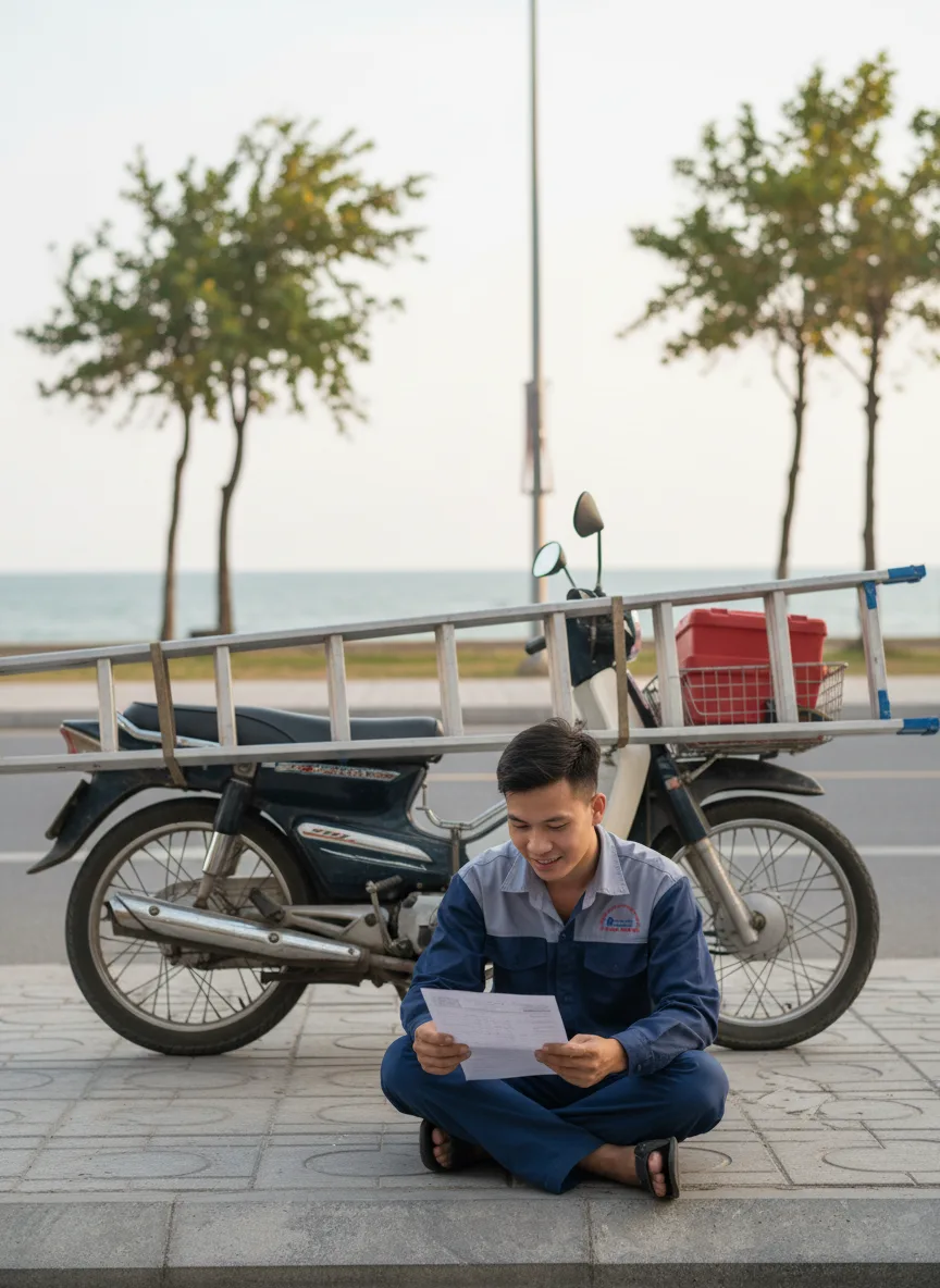 Cảnh đời thường: nam kỹ thuật viên người Việt ngồi trên vỉa hè, kiểm tra hóa đơn, xe máy chở thang và đồ nghề phía sau, phông nền là con đường biển Sơn Trà với dãy cây xanh và biển