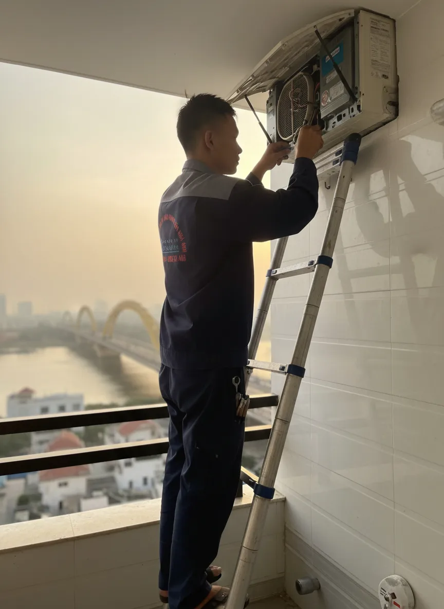 Nam thanh niên kỹ thuật viên Việt Nam sửa điều hòa trên ban công căn hộ cao tầng, nền là cầu Rồng và sông Hàn mờ xa, buổi chiều vàng, ánh sáng mềm, máy điều hòa treo tường mở nắp, 