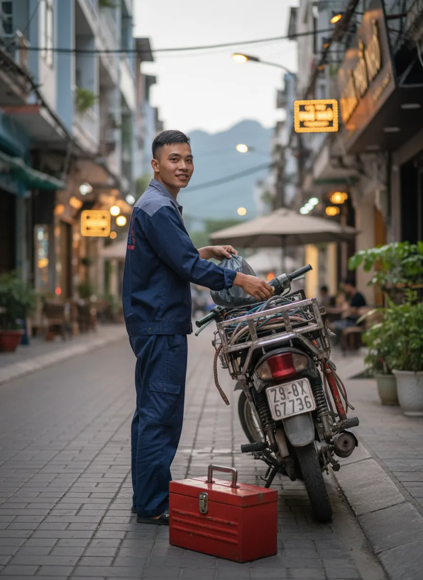 Thanh niên thợ sửa điều hòa đặt hộp dụng cụ bên cạnh xe máy chở baga, phố nhỏ Đà Nẵng phía sau có quán cà phê, cuối chiều trời dịu, ánh đèn đường bắt đầu bật, góc chụp 3/4 thấp, ch