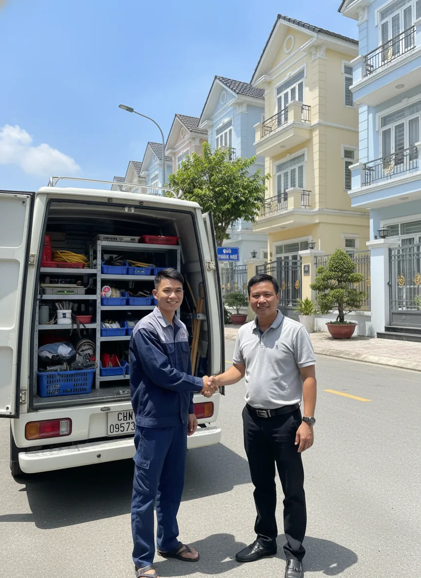 Nam kỹ thuật viên bắt tay khách hàng trước cửa nhà phố, xe tải dịch vụ mở thùng chứa dụng cụ, nền là dãy nhà phố và bảng hiệu nhỏ của quận Thanh Khê, trời trong xanh giữa trưa, ánh