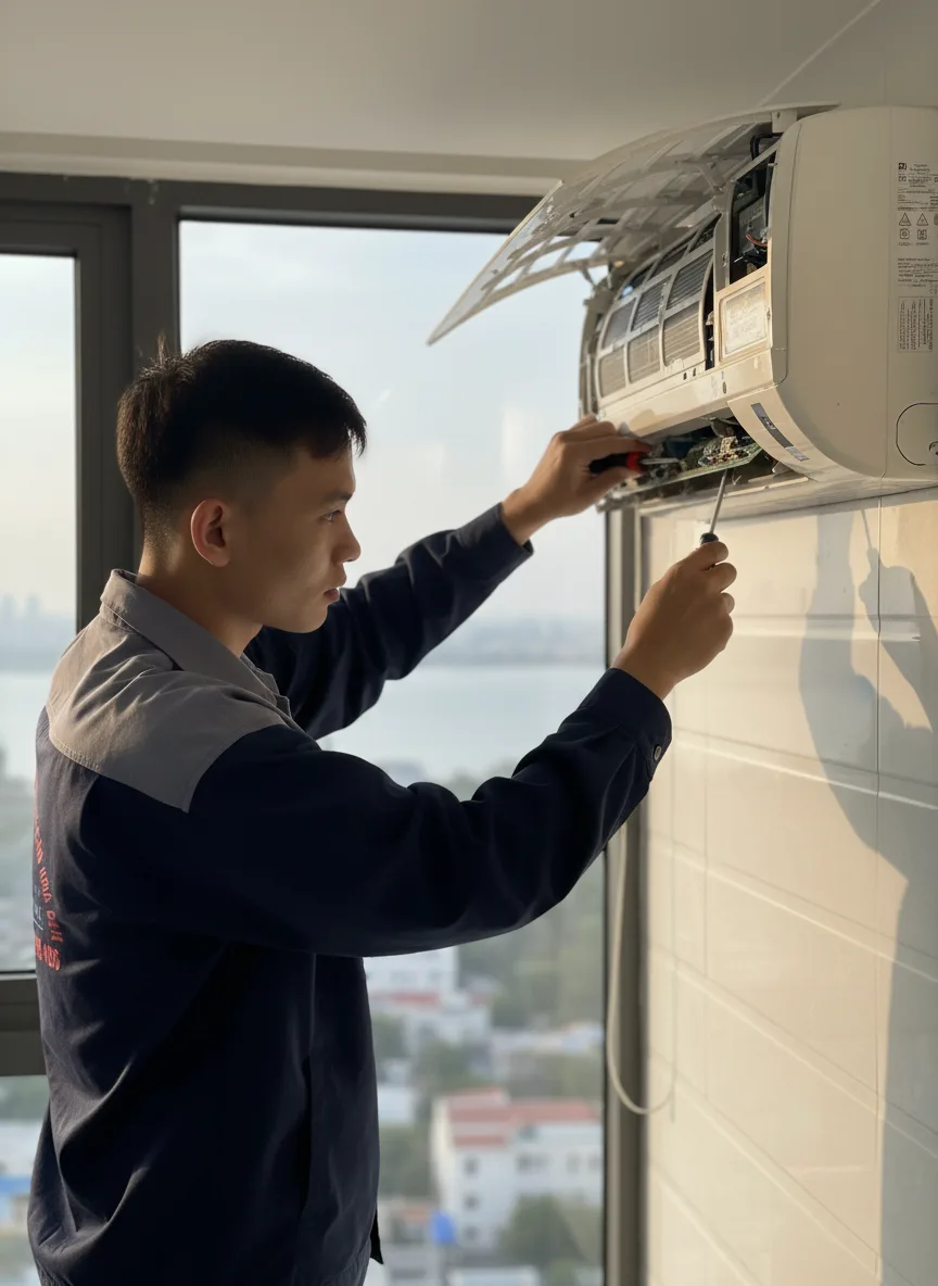 Cảnh gần: tay nam thợ Việt Nam tháo ốc, mạch điều hòa lộ ra, background mờ là khung cửa sổ nhìn thấy biển Đà Nẵng xa xa, ánh sáng tự nhiên buổi chiều, khẩu độ lớn, chi tiết rõ trên