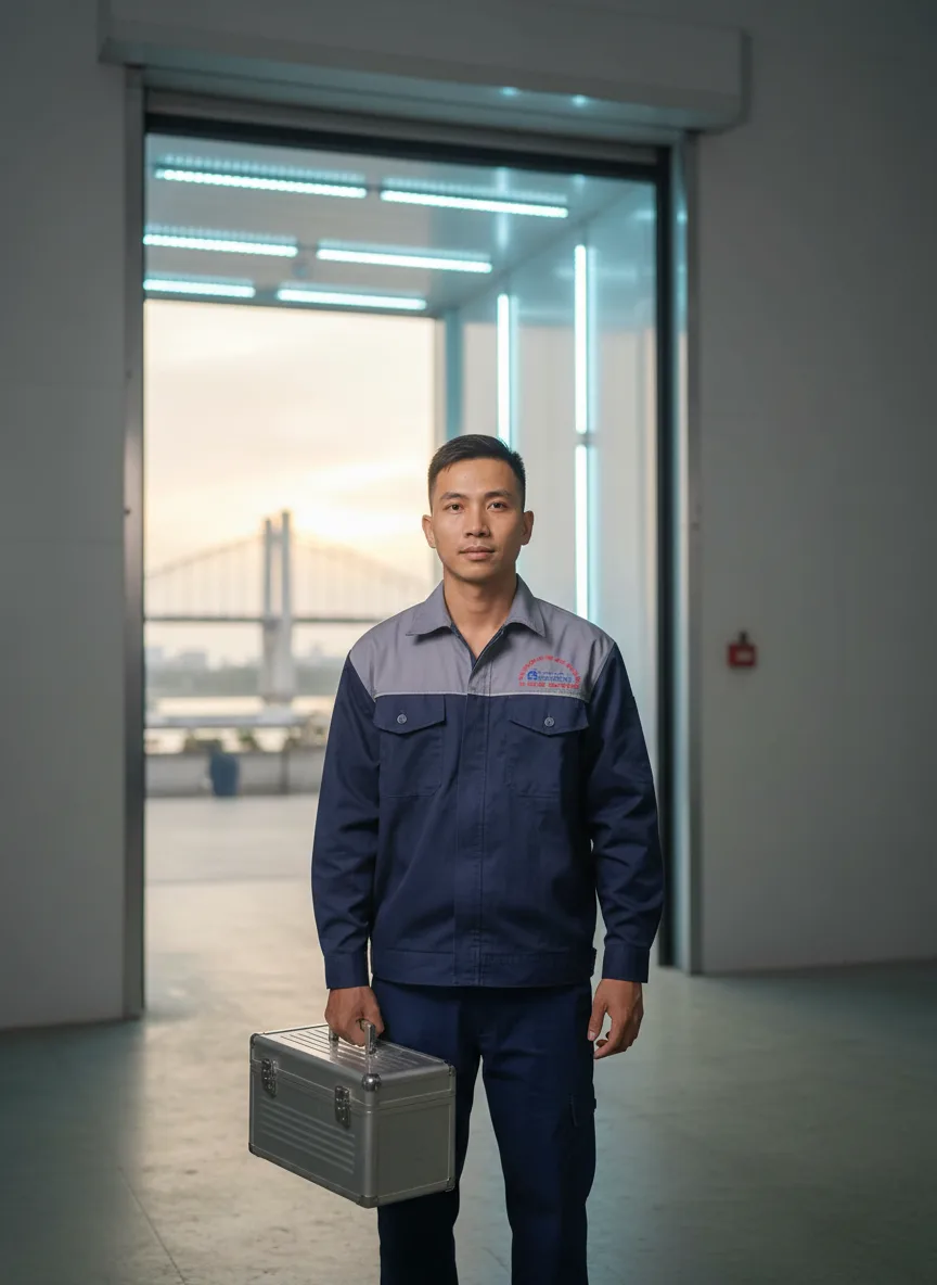 Nam thanh niên châu Á 25-30 tuổi mặc đồ bảo hộ, cầm hộp dụng cụ trước cửa kho đông tại Đà Nẵng, phông nền cầu sông Hàn mờ xa, ánh hoàng hôn vàng nhẹ, ánh đèn kho bật, góc chụp toàn