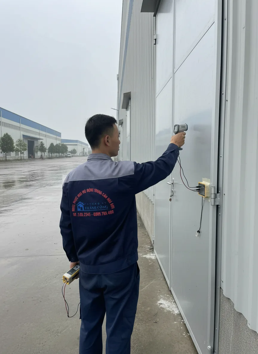 Nam thanh niên châu Á cầm đồng hồ nhiệt di động đo nhiệt độ cửa kho, đứng trên nền bê tông ẩm, trời xám buổi sáng tại khu công nghiệp Đà Nẵng, ánh sáng tự nhiên khuếch tán, góc chụ