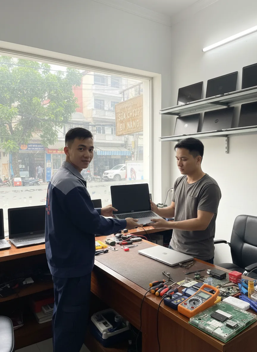 Thanh niên Việt khoảng 25 tuổi trao laptop hỏng cho thợ sửa trong cửa hàng sửa laptop ở Đà Nẵng, biển hiệu nhỏ ngoài trời, ánh sáng tự nhiên buổi sáng, tông ấm, thợ mặc áo phông, b