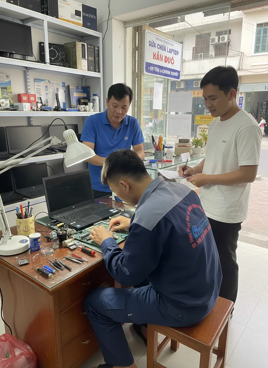 Thợ sửa trẻ kiểm tra linh kiện trên bo mạch laptop trên bàn gỗ trong tiệm Đà Nẵng lúc chiều, ánh đèn công việc trắng sáng, dụng cụ chuyên nghiệp, chủ cửa hàng ghi phiếu giá cho khá