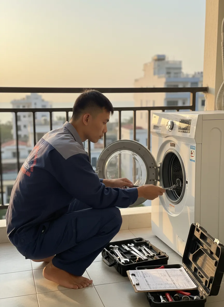 Thợ sửa máy giặt nam châu Á mặc áo sơ mi công sở, ngồi xổm trước máy giặt cửa trước trên ban công nhà phố Đà Nẵng lúc hoàng hôn, đèn vàng ấm, bộ công cụ và bảng kiểm tra kỹ thuật m