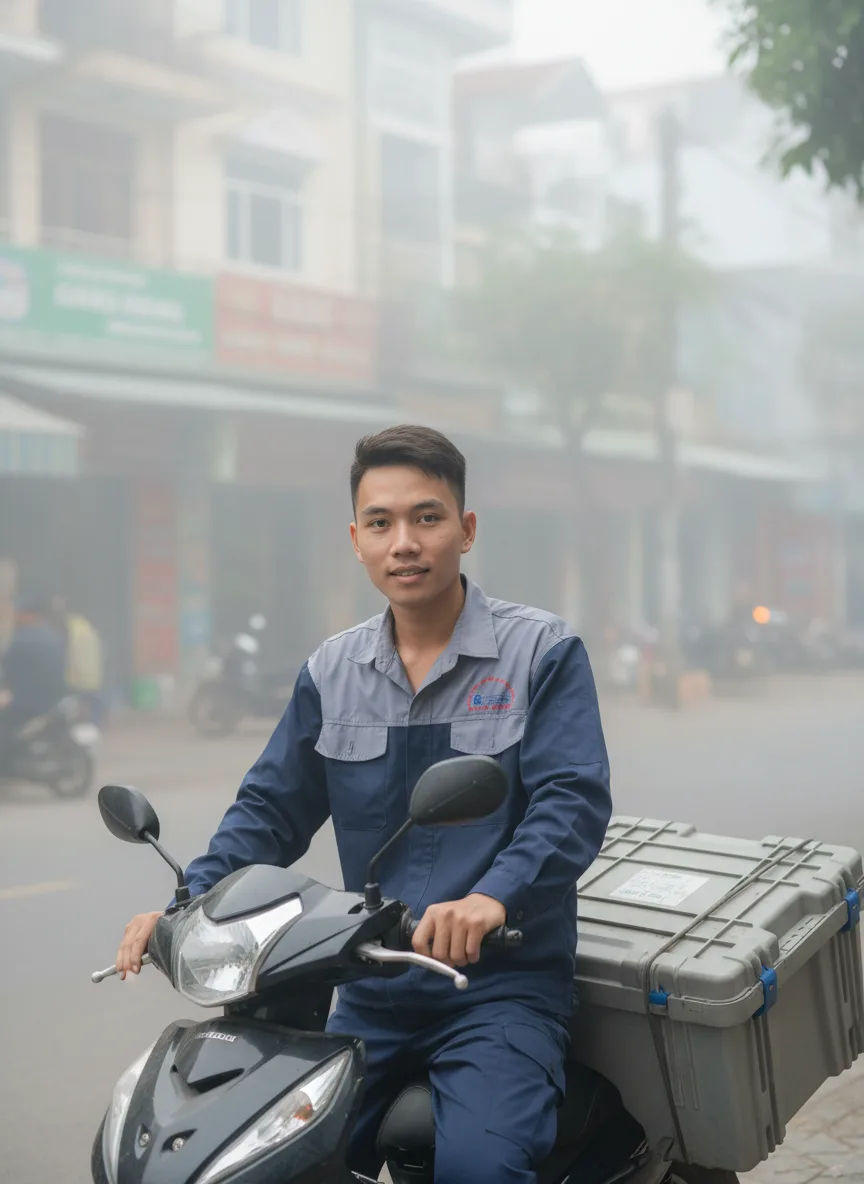 Ảnh phóng sự: kỹ thuật viên nam trẻ chở thùng linh kiện trên xe máy trước cửa nhà ở Đà Nẵng, sáng sớm sương nhẹ, đường phố yên tĩnh, góc chụp rộng với kỹ thuật viên nhìn vào ống kí