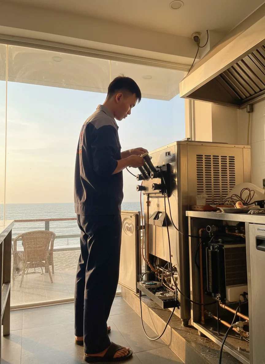 Thợ trẻ Việt đang kiểm tra d&agrave;n lạnh m&aacute;y kem đặt trong bếp qu&aacute;n c&agrave; ph&ecirc; ven biển Đ&agrave; Nẵng, biển ở xa qua cửa k&iacute;nh, thay ống đồng mới, đ&egrave;n v&agrave;ng buổi chiều, cảm gi&aacute;c gấp r&uacute;t nhưng tập t