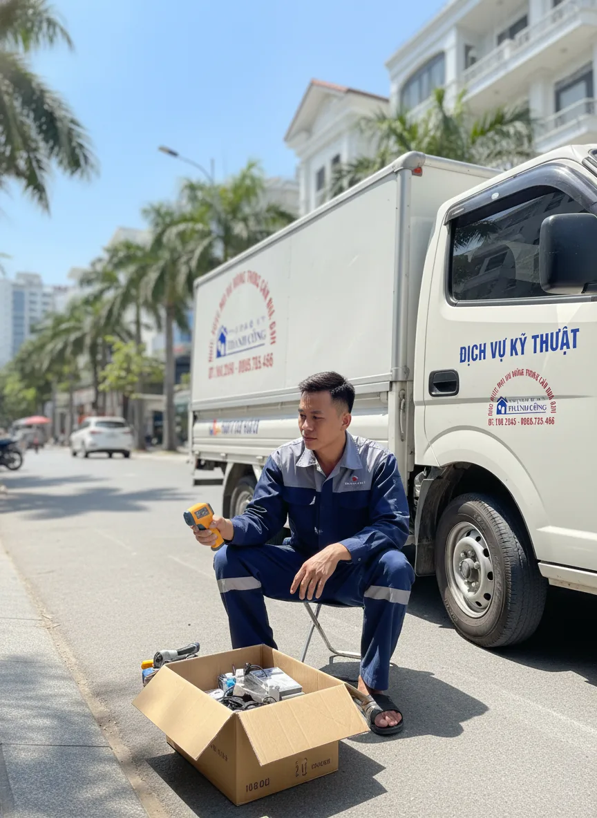 Nam kỹ thuật vi&ecirc;n ch&acirc;u &Aacute; ngồi tr&ecirc;n ghế thấp trước xe tải dịch vụ đỗ tr&ecirc;n đường phố Đ&agrave; Nẵng, mở hộp linh kiện ch&iacute;nh h&atilde;ng, m&aacute;y đo nhiệt độ trong tay, trời nắng s&aacute;ng, &aacute;nh s&aacute;ng tự nhi&ecirc;