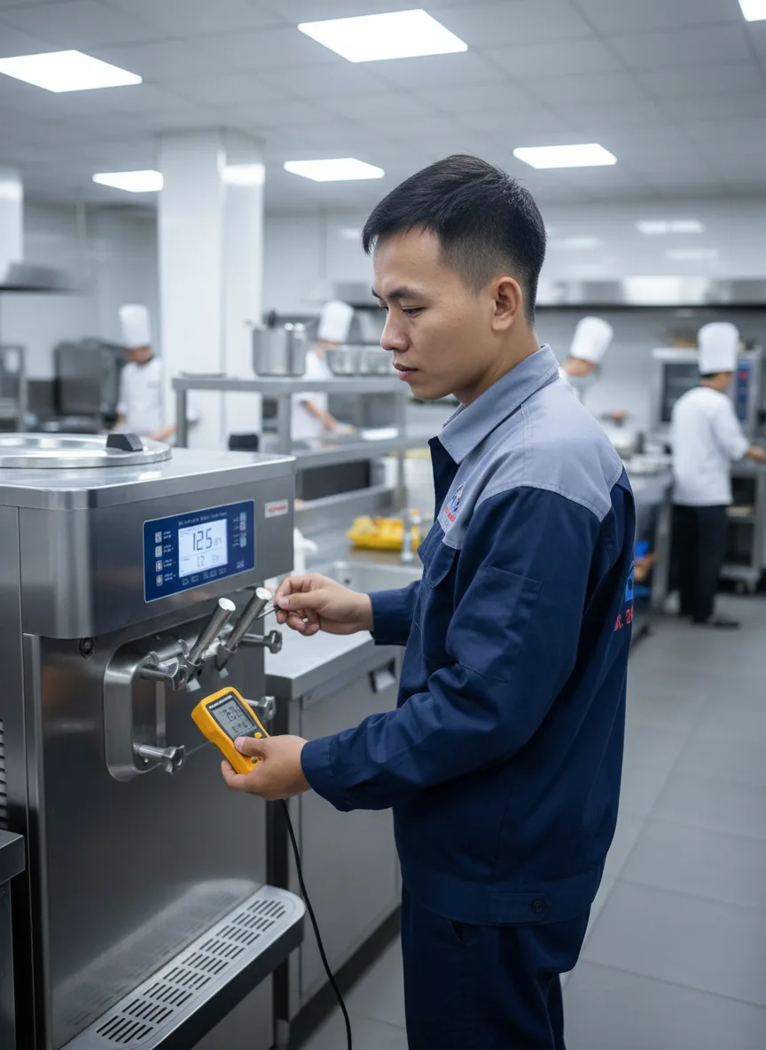 Nam kỹ sư ch&acirc;u &Aacute; kiểm tra luồng kh&iacute; m&aacute;y kem trong khu bếp nh&agrave; h&agrave;ng cao cấp Đ&agrave; Nẵng, đầu bếp ở hậu cảnh, &aacute;nh s&aacute;ng trần lạnh, m&aacute;y m&oacute;c sạch sẽ, cảm gi&aacute;c chuy&ecirc;n nghiệp, g&oacute;c chụp 3/4 từ