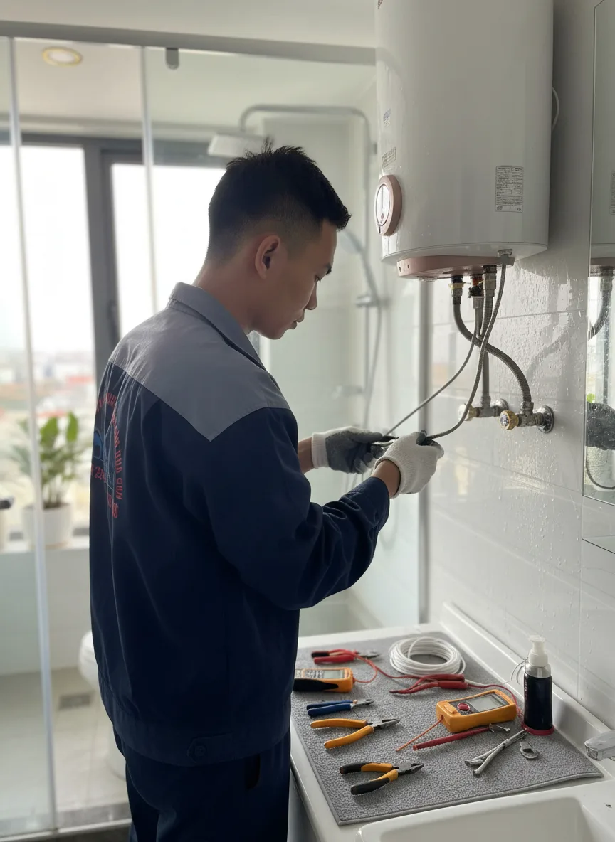 Người đàn ông trẻ châu Á, mặc đồng phục kỹ thuật, sửa máy nước nóng trong căn hộ hiện đại ở Đà Nẵng, ban ngày ánh sáng tự nhiên từ cửa sổ, thay thanh đốt trên bồn nước, dụng cụ chu