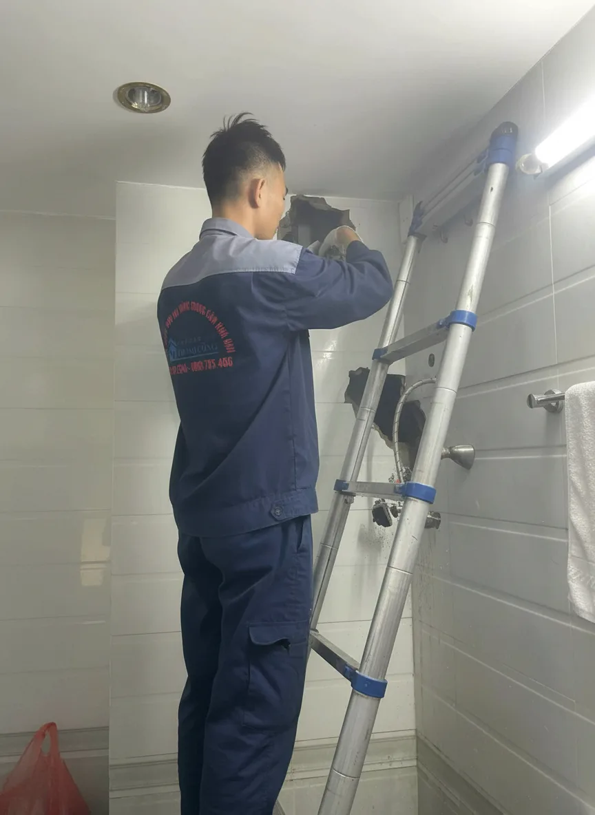 Nam thợ sửa trẻ châu Á đang bảo trì máy nước nóng trong nhà tắm kiểu Việt, buổi sáng nhiều sáng tự nhiên, hơi nước mờ nhẹ, khăn treo, ống nước và van, cận cảnh tay thao tác với kìm