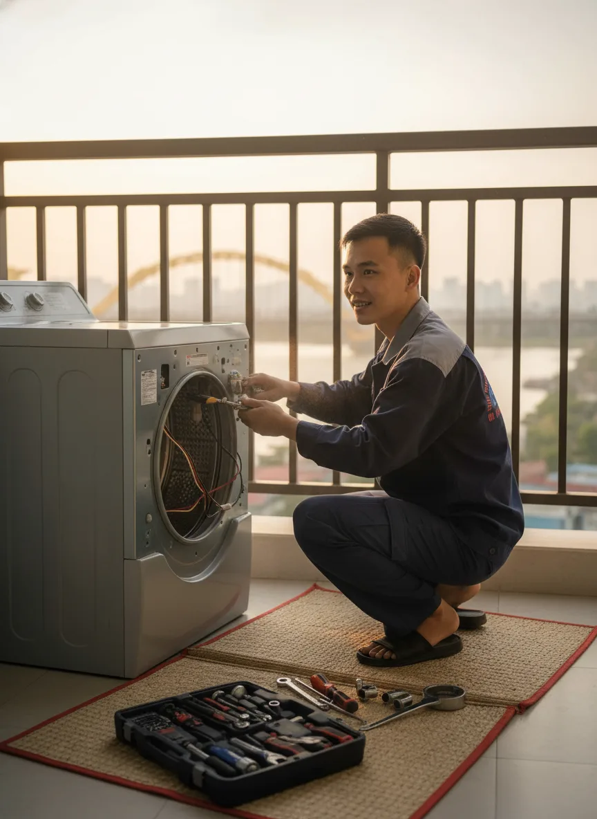 Nam thanh niên châu Á làm thợ sửa máy sấy tại ban công chung cư ở Đà Nẵng, máy sấy mở nắp, bộ dụng cụ trên thảm, ánh sáng chiều vàng, cầu Rồng mờ nền, góc chụp 3/4 ngang, nét ảnh r