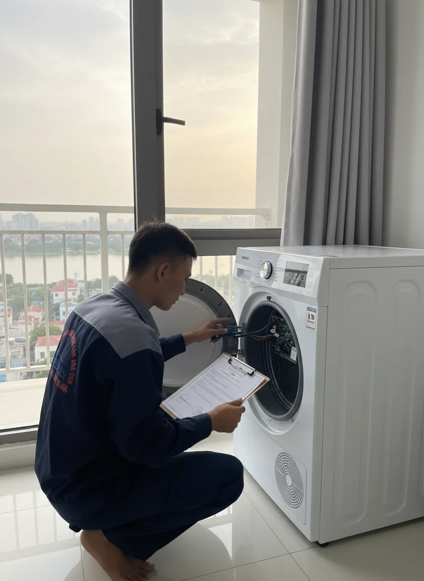 Người thợ trẻ châu Á mặc áo thun và quần jean đang kiểm tra bảng điều khiển máy sấy trong căn hộ nhỏ, cửa sổ mở nhìn ra sông Hàn, sáng sớm tự nhiên, ánh sáng mềm, máy móc và phiếu