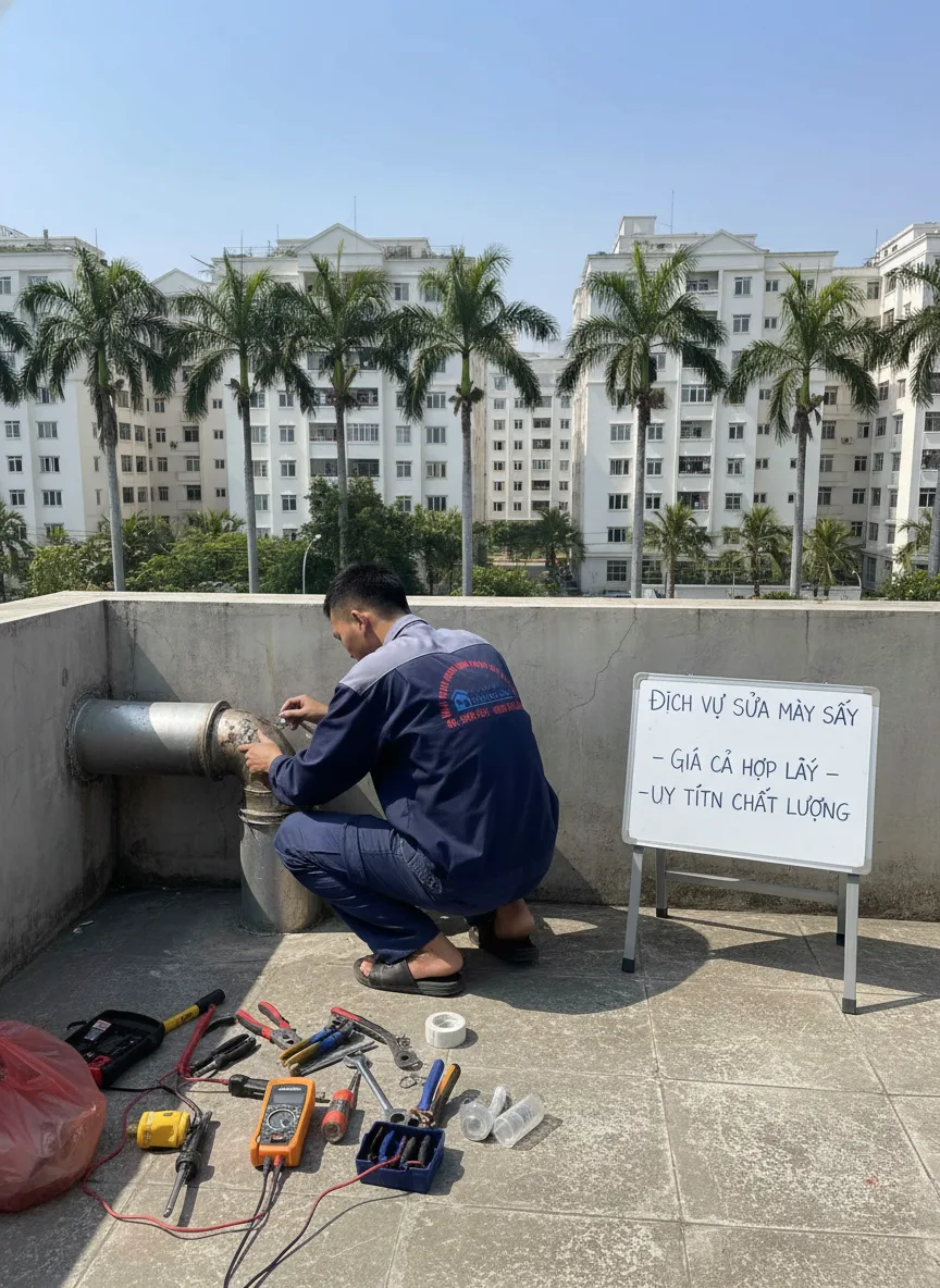 Thợ sửa máy sấy nam thanh niên châu Á quỳ xuống sửa ống thải trên sân thượng, đồ nghề rải bên cạnh, tòa nhà chung cư và cây dừa xa nền, ánh nắng trưa, góc chụp từ trên xuống hơi ng