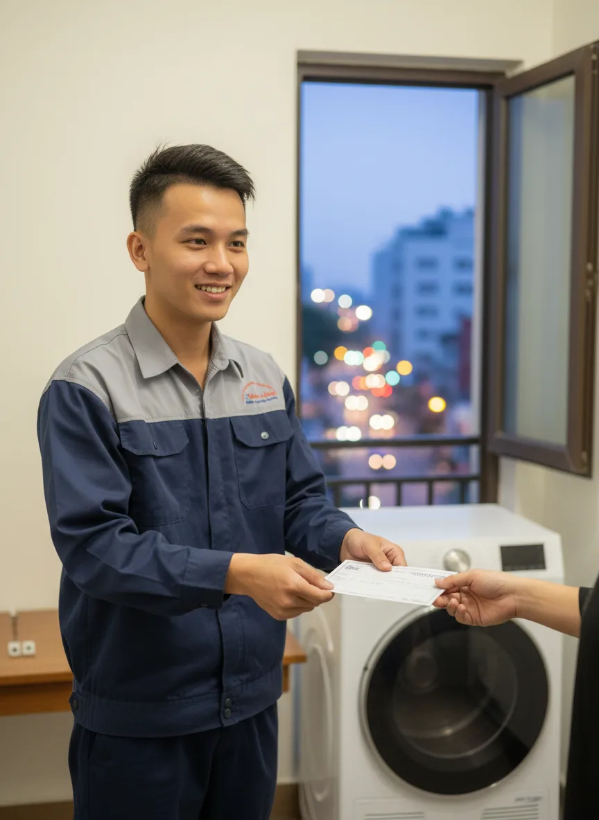 Phong cảnh trong nhà: thợ trẻ châu Á đang trao tờ phiếu bảo hành cho chủ nhà, máy sấy hoạt động sau lưng, ban công nhỏ nhìn ra đường phố Đà Nẵng về chiều, ánh đèn đường bắt đầu lóe