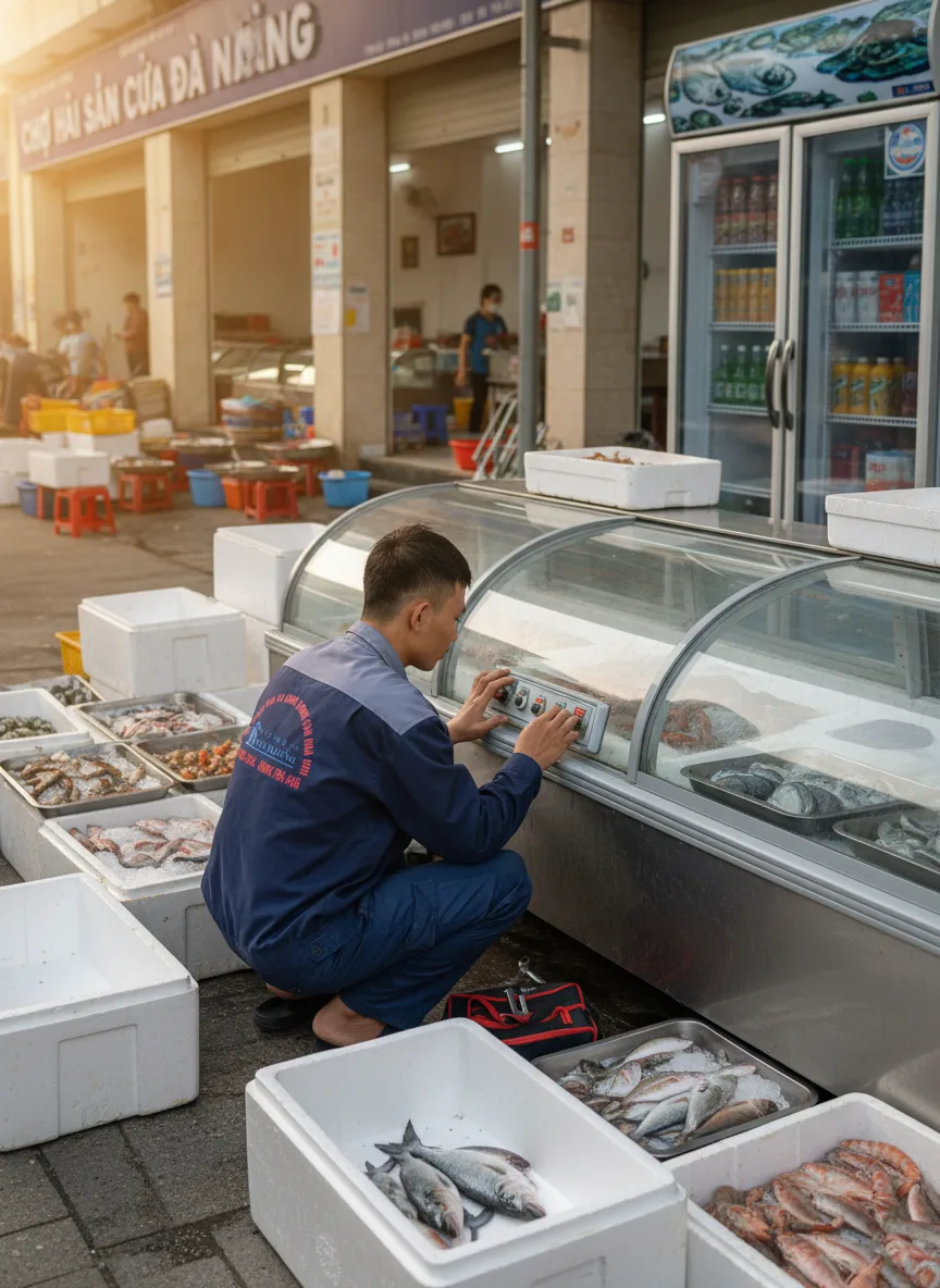 Nam kỹ thuật viên Việt trẻ, mặc đồ bảo hộ, kiểm tra bảng điều khiển tủ mát công nghiệp trước khu chợ hải sản cửa Đà Nẵng lúc sáng sớm, ánh nắng sớm vàng nhẹ, thùng đá và khay cá xu