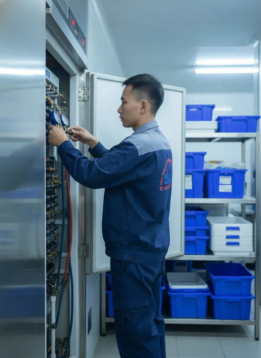 Thợ sửa lạnh châu Á trẻ đang cắm đồng hồ đo vào dàn lạnh của tủ đông tại xưởng chế biến thực phẩm, ánh sáng công nghiệp lạnh, nền là kệ inox và thùng nhựa, góc ảnh 50mm ngang tầm n