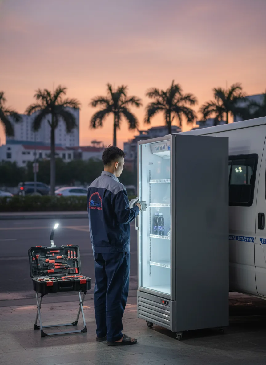 Nam kỹ thuật viên trẻ đứng bên chiếc xe dịch vụ sửa tủ mát đỗ trên đường thành phố Đà Nẵng lúc hoàng hôn, hộp dụng cụ mở, bật đèn làm việc nhỏ chiếu vào tủ, phố nền mờ, bố cục toàn