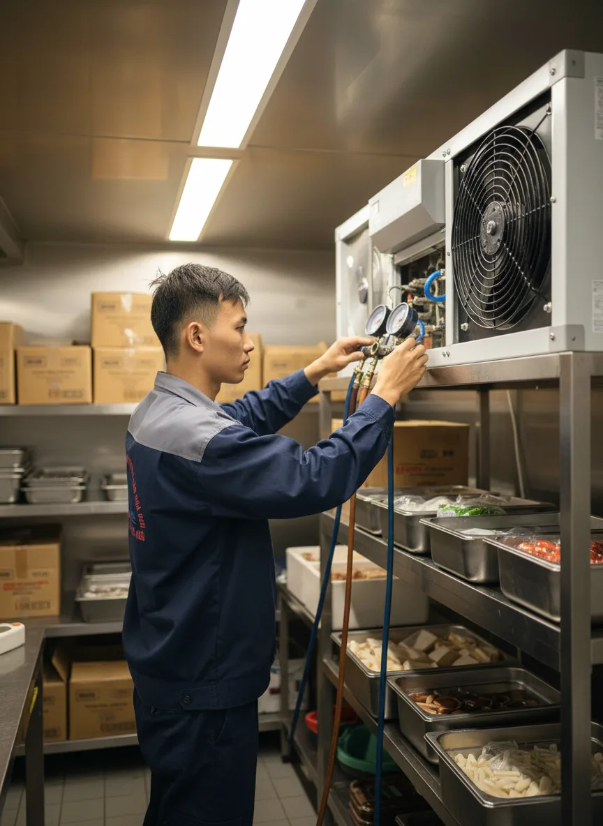 Kỹ thuật viên nam trẻ tuổi kiểm tra lưu thông gas và quạt dàn lạnh tủ đông công nghiệp trong kho bếp khách sạn, ánh đèn trần ấm, thùng thực phẩm xếp gọn, góc cận tay thao tác với d