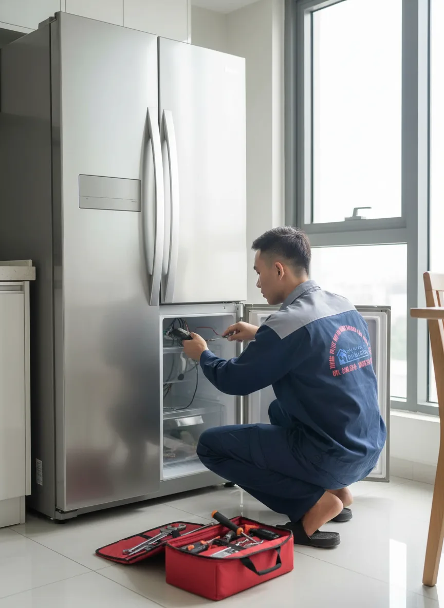 Kỹ thuật vi&ecirc;n nam người ch&acirc;u &Aacute; trẻ, mặc đồng phục chỉnh tề, đang sửa tủ lạnh gia đ&igrave;nh trong bếp căn hộ Đ&agrave; Nẵng ban ng&agrave;y, &aacute;nh s&aacute;ng tự nhi&ecirc;n từ cửa sổ, dụng cụ sửa chữa mở tr&ecirc;n s&agrave;n,