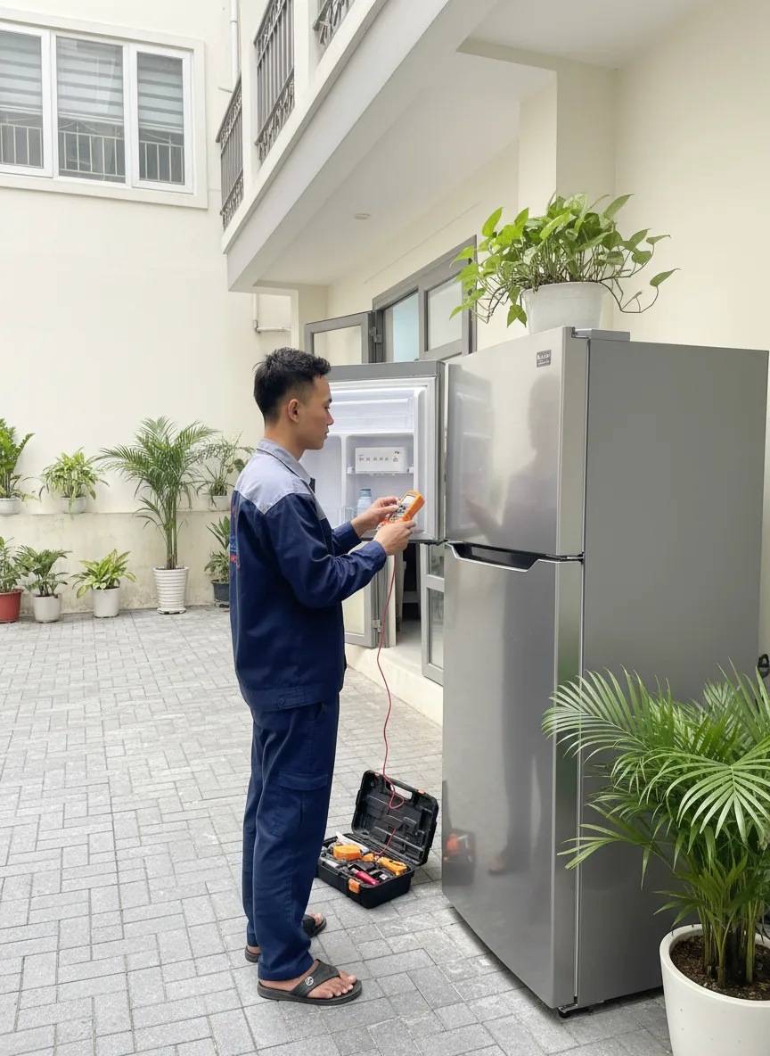 Cảnh sửa chữa tại s&acirc;n nh&agrave; phố Đ&agrave; Nẵng ban s&aacute;ng, kỹ thuật vi&ecirc;n ch&acirc;u &Aacute; trẻ mở bảng điều khiển tủ lạnh gia đ&igrave;nh tr&ecirc;n nền tường c&oacute; c&acirc;y cảnh, &aacute;nh s&aacute;ng mềm chiếu từ tr&aacute;i, m&aacute;y đo điện tr&ecirc;